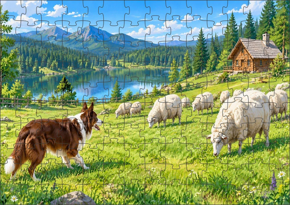 Moon River Ovečky na pastvině a Border kolie puzzle 120 dílků