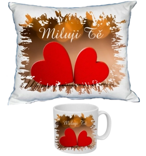 Moon River Svatý Valentýn dvě srdce polštářek 30x40 cm a hrneček 330 ml