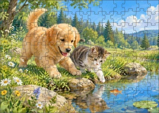 Moon River Pejsek s kočičkou u rybníka puzzle 120 dílků