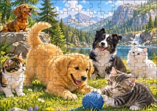 Moon River Pejsek s kočičkou a klubíčko puzzle 120 dílků