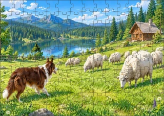 Moon River Ovečky na pastvině a Border kolie  puzzle 120 dílků