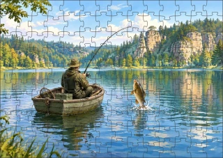 Moon River Petrův Zdar rybář na loďce s kaprem  Puzzle pro rybáře 120 dílků